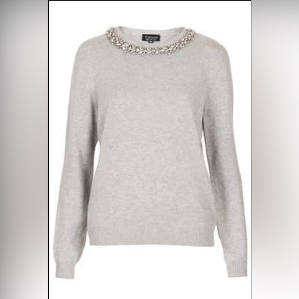 Topshop Gray Sweater with Rhinestone Embellished Collar, Size UK 12